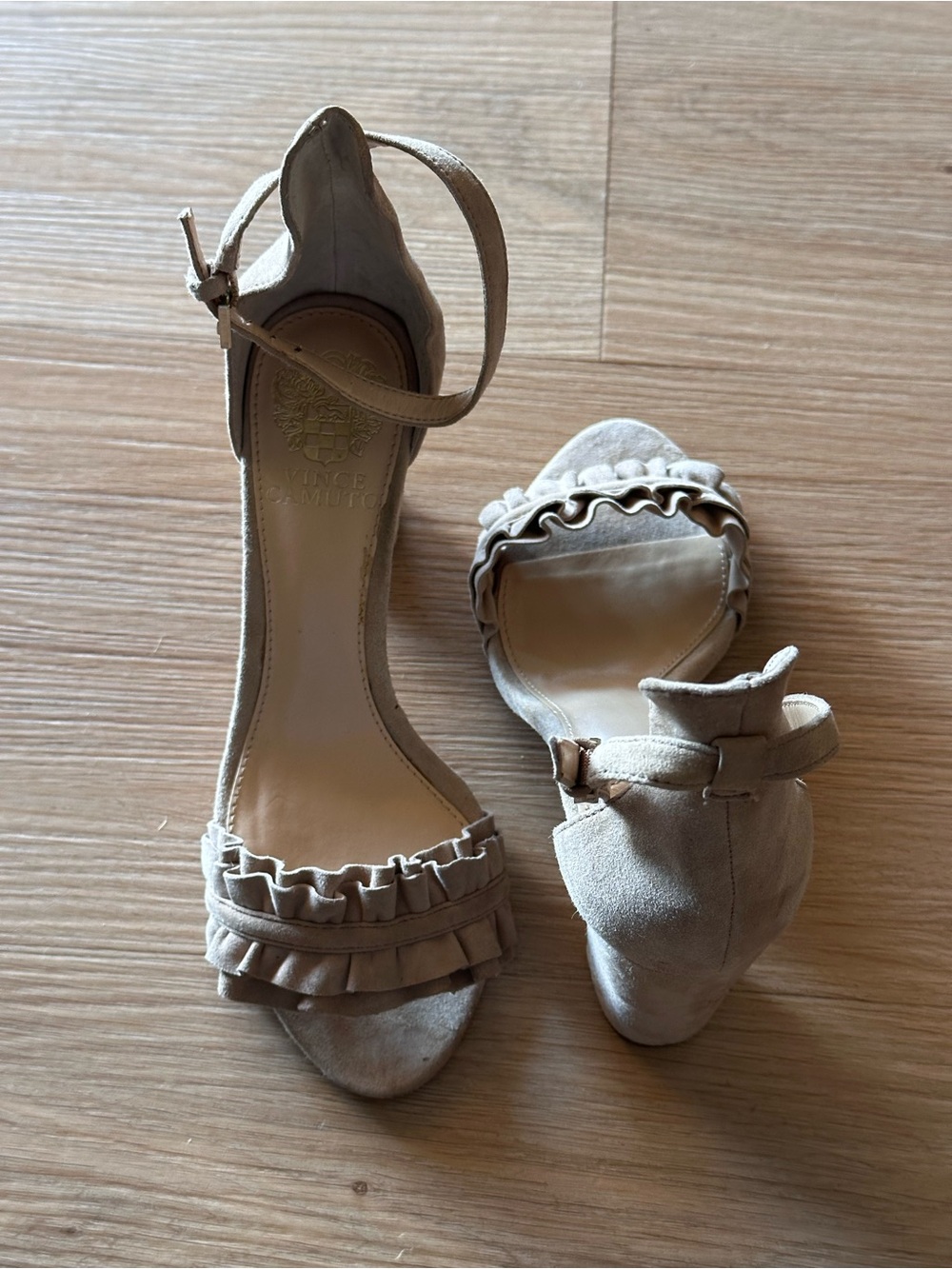 Vince Camuto Light Beige Suede Ruffle Ankle-Strap Heels
